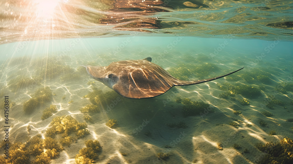 Southern stingray swimming in blue water. Generative ai