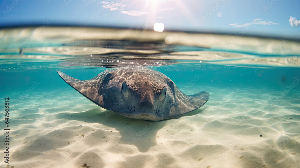 Southern stingray swimming in blue water. Generative ai