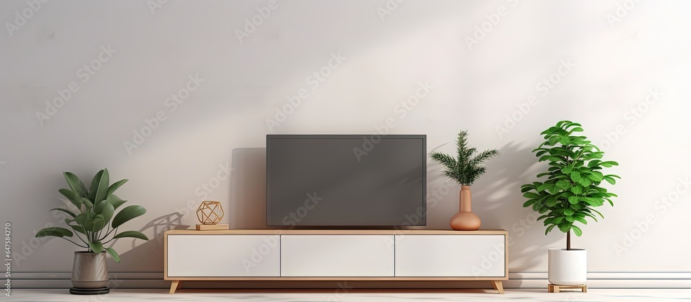 a modern living room with a white wall background featuring a television cabinet sofa and plant