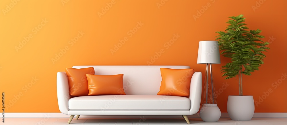 Beautiful and contemporary orange with modern and chic furniture in a warm and cozy living room with