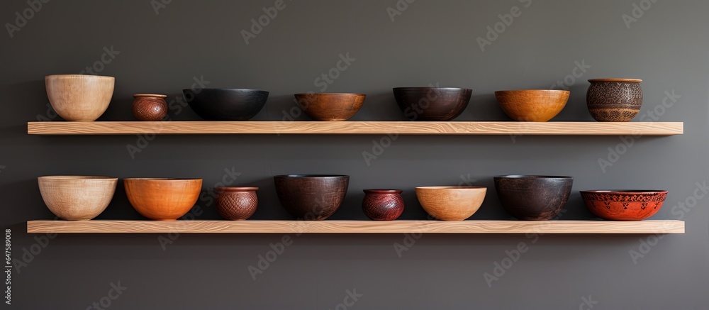 bowls made of wood displayed on a shelf