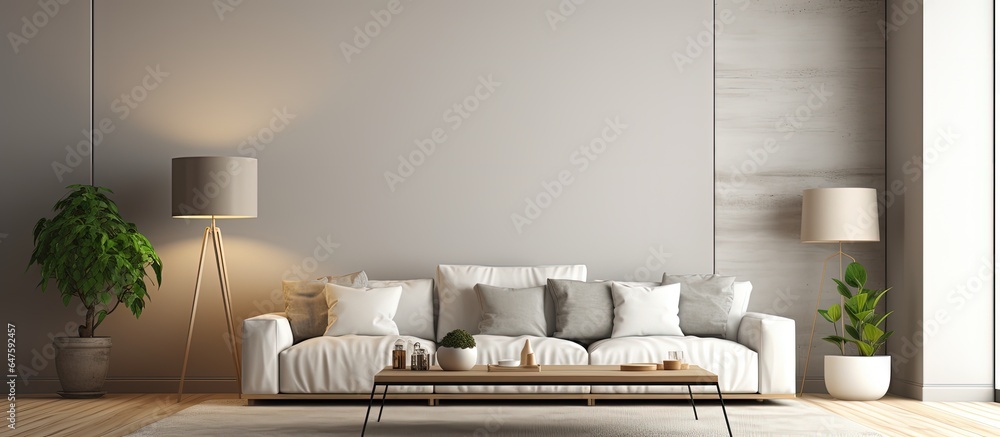 A spacious living room with a grey sofa lamp wooden table and carpeted wall for mock up