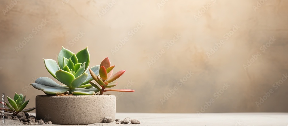 Close up of green succulent leaves on an eggshell plaster backdrop