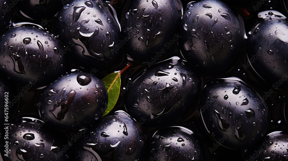 Black olives with leaves and water drops background. Vegetables backdrop. Generative AI