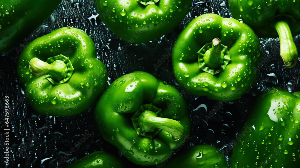 Fresh green bell peppers with water drops background. Vegetables backdrop. Generative AI