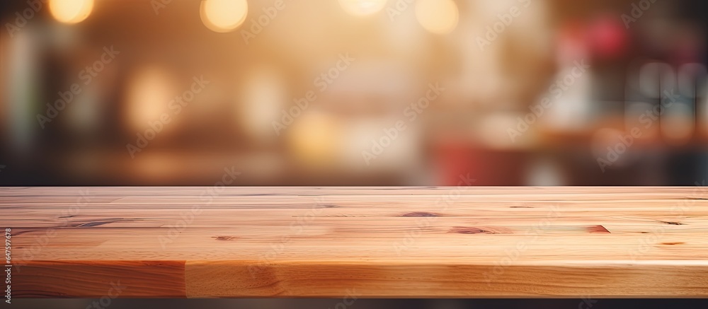 Blurry room interior with empty space and wooden table top