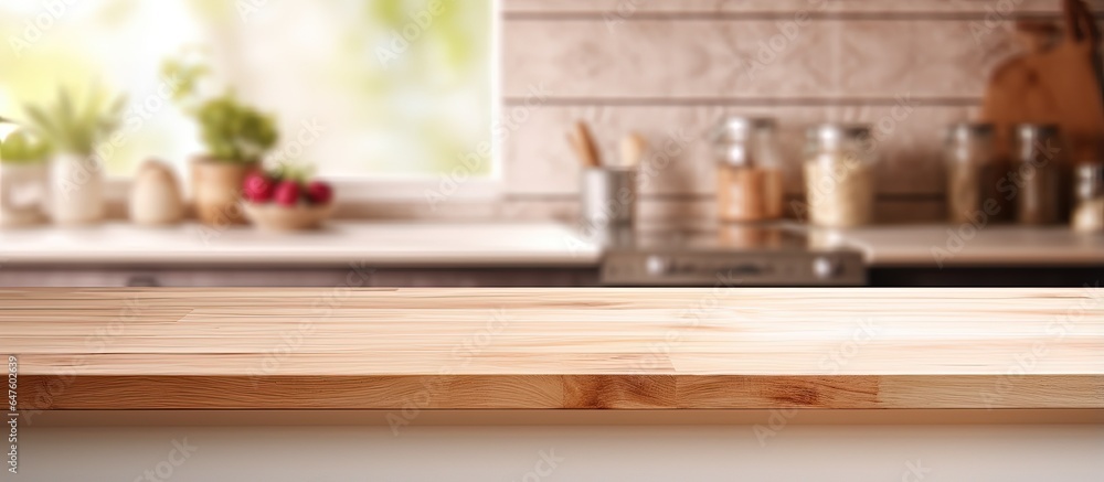 Blurred kitchen mock up on empty wooden tabletop for product display