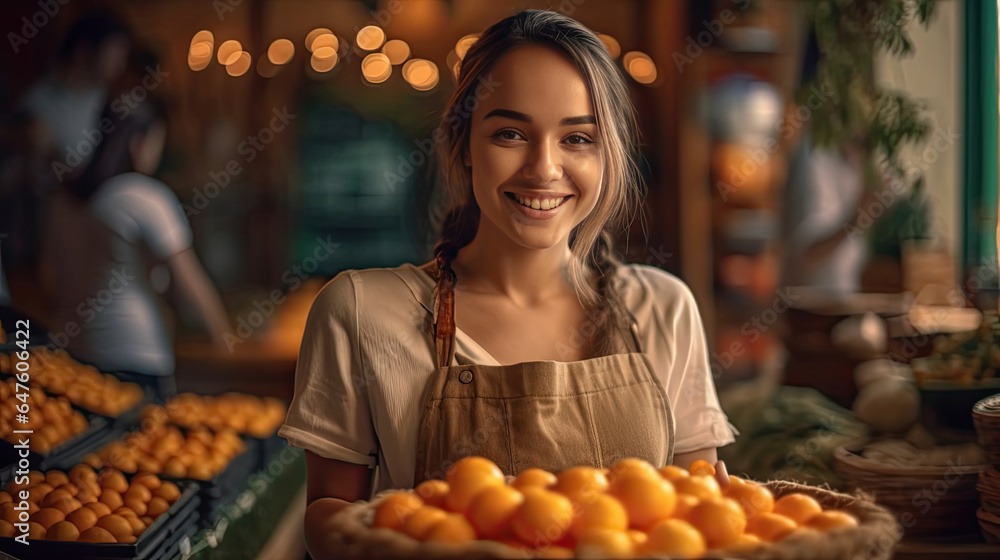 A young woman in apron sells juicy tangerines in fruit shop. Generative Ai