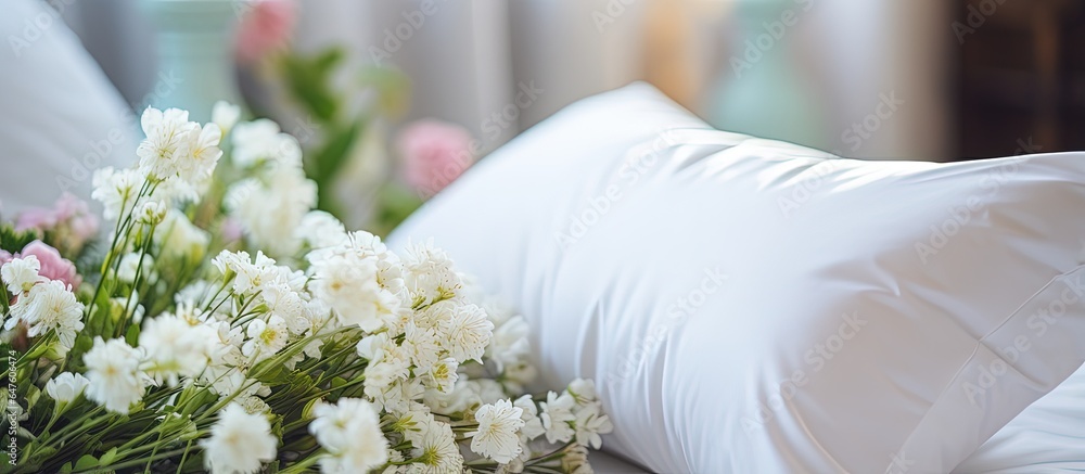 Close up of a beautiful bedroom with tidy white bedding and pillows