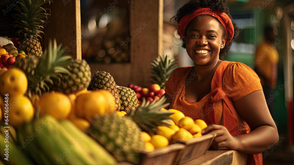 Joyful african american seller woman working in fruit shop. Generative Ai