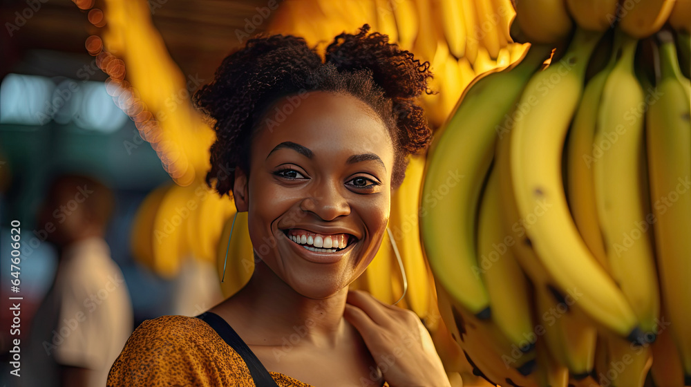 Joyful african american woman smiling selling bunch of bananas in fruit market on street. Generative