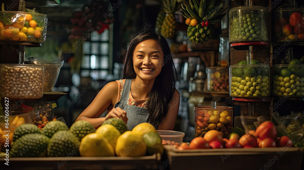 Joyful seller asian woman working in fruit shop. Generative Ai