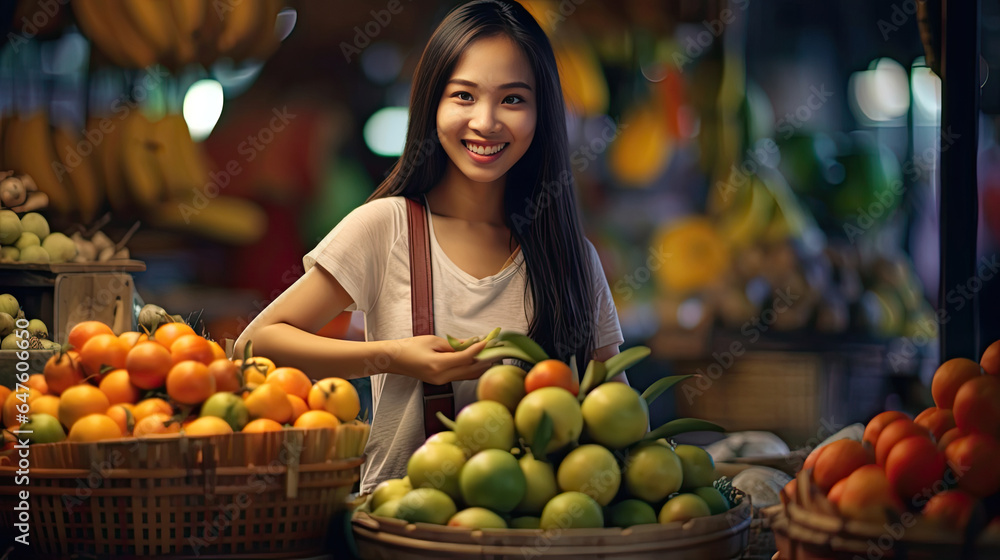 Joyful seller asian woman working in fruit shop. Generative Ai