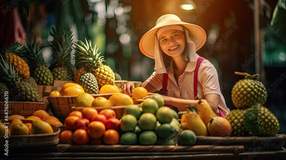 Joyful seller woman working in fruit shop. Generative Ai