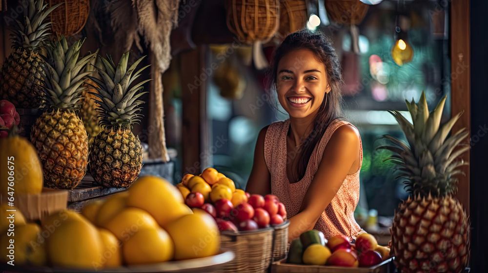 Joyful seller woman working in fruit shop. Generative Ai