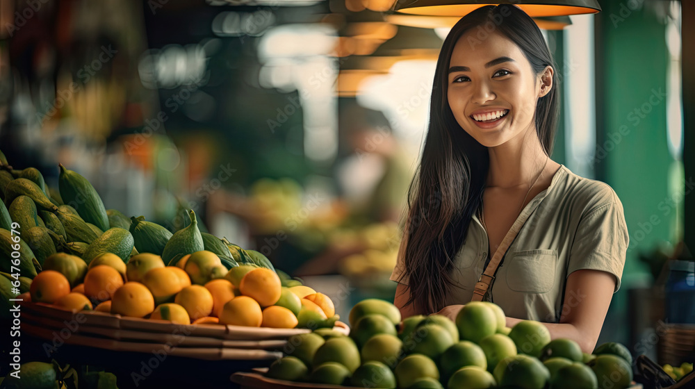 Joyful seller woman working in fruit shop. Generative Ai