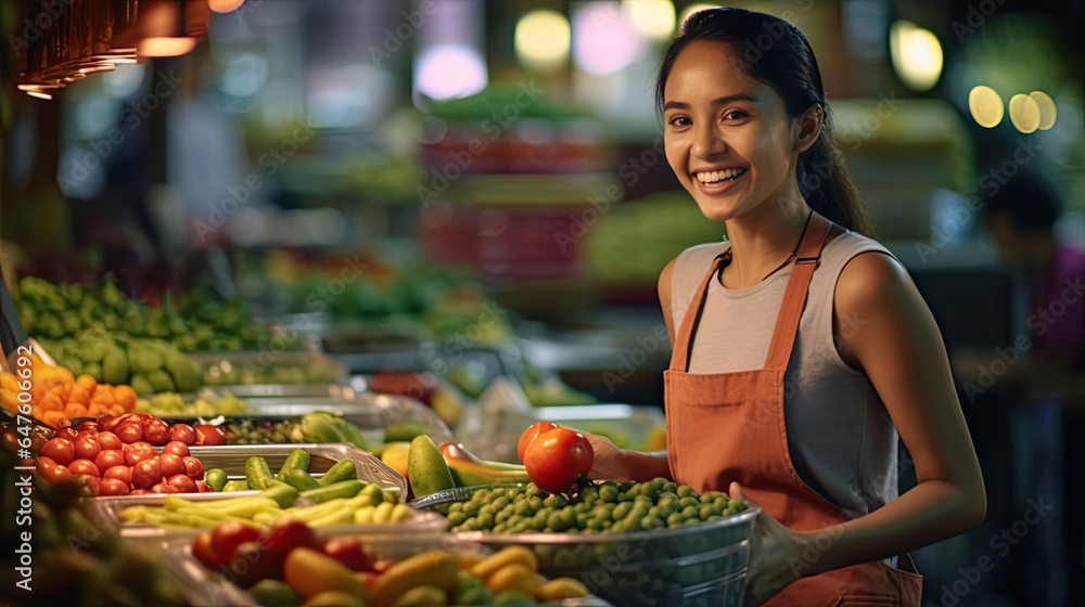 Joyful seller woman working in fruit shop. Generative Ai