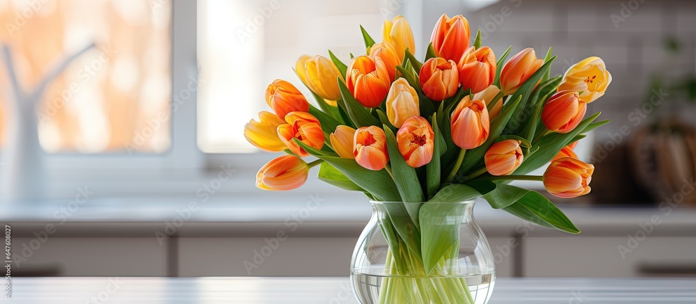 A display of tulips indoors Fresh spring flowers