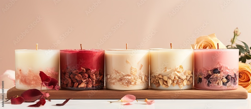 Assorted scented block candles great for aromatherapy and spa featuring vanilla peach strawberry but