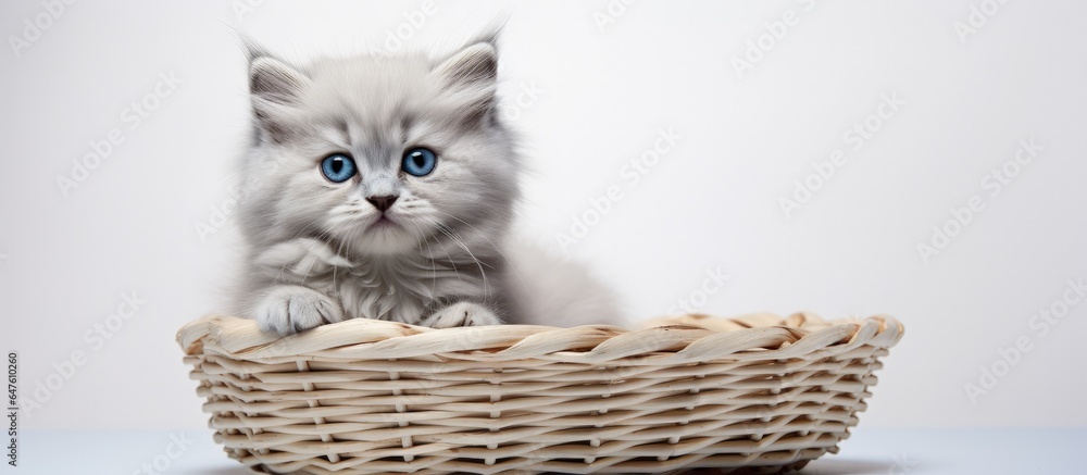 A small homemade white kitten rests in a white basket