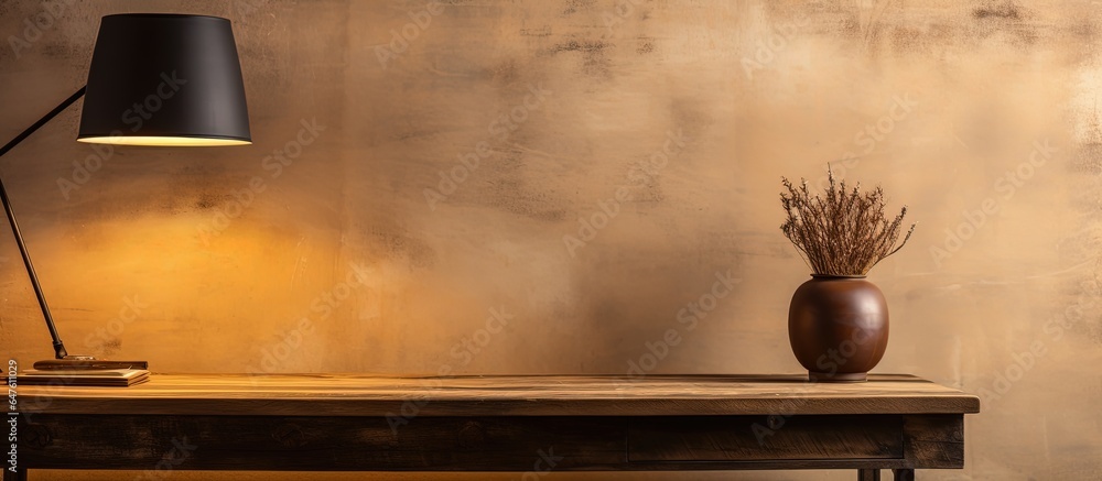 Beige wall with black lamp near wooden table