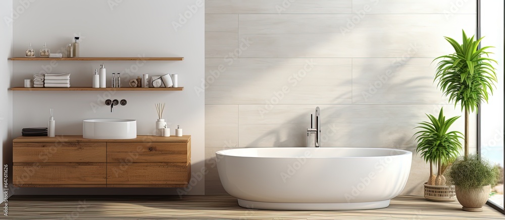 Contemporary bathroom mock up with white tiles and wooden details