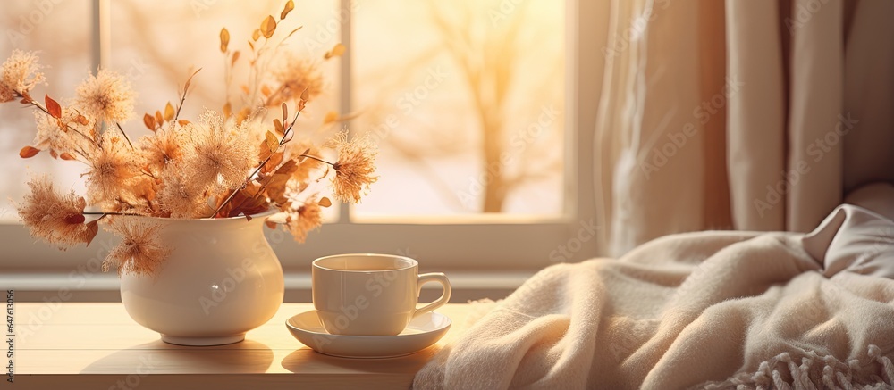 Autumn or winter cozy concept Knitted blanket and cup of tea on serving tray on coffee table in livi