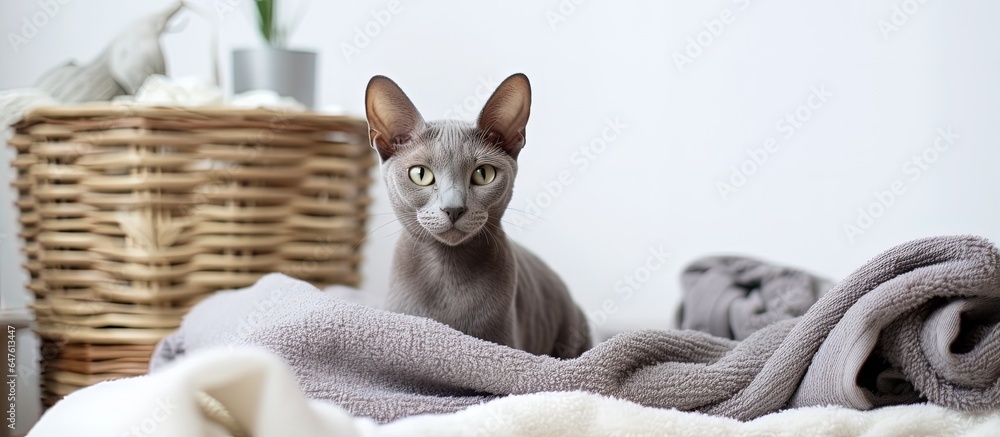 A lovely gray cat Sphinx rests on a bed with a white blanket The cat sits in the bathroom with a whi