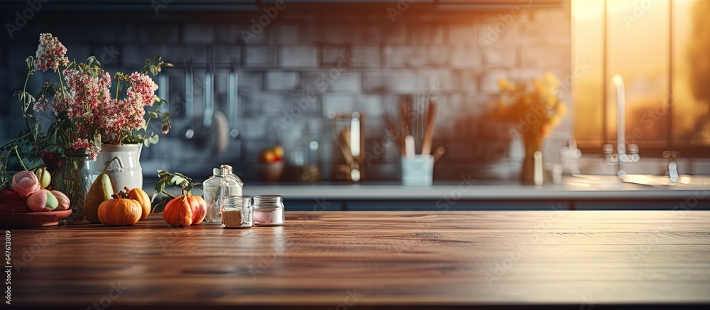 Blur kitchen room with table top as background