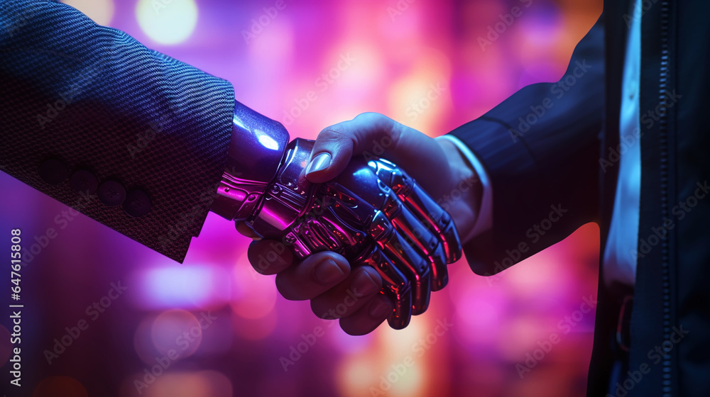 Business handshake of human and robot. Collaboration of artificial intelligence and man. Generative 