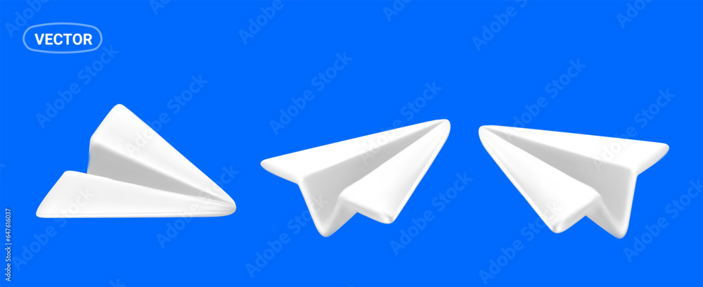 Vector set of illustration of white color paper air plane in different angle on blue background. 3d 