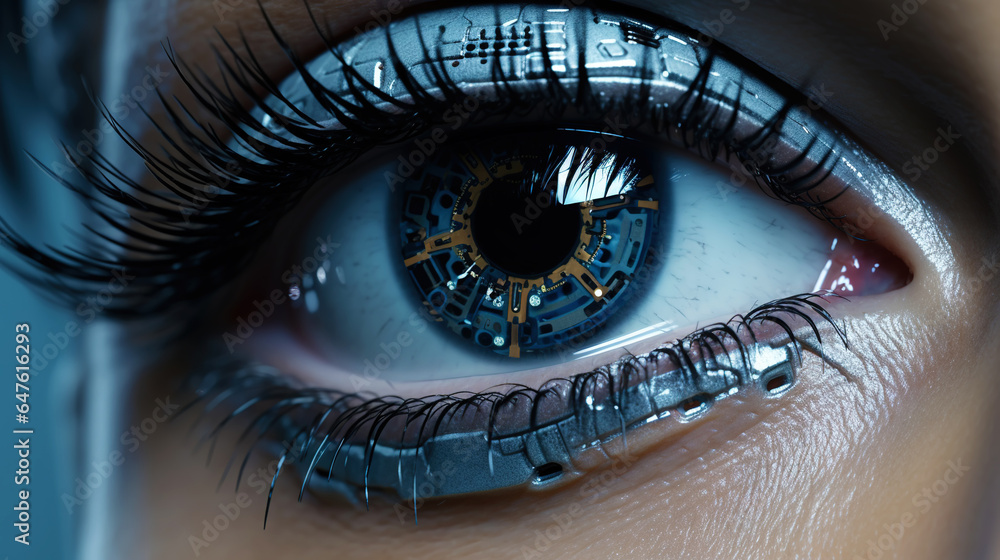 Female android robot eye close up. Digital iris of cyber woman. Bionic technology concept. Generativ