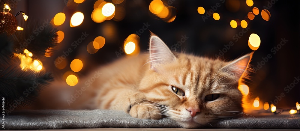 A cat with red fur rests beneath the holiday tree