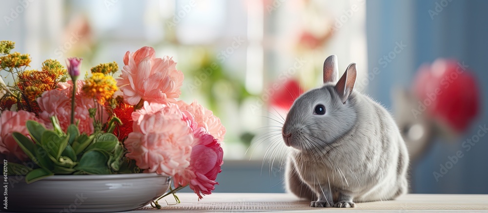 Chinchilla smelling flowers at home