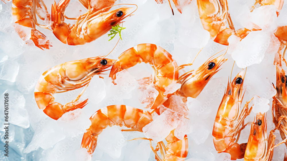 Top view of raw whole shrimps on ice. Seafood background. Generative AI