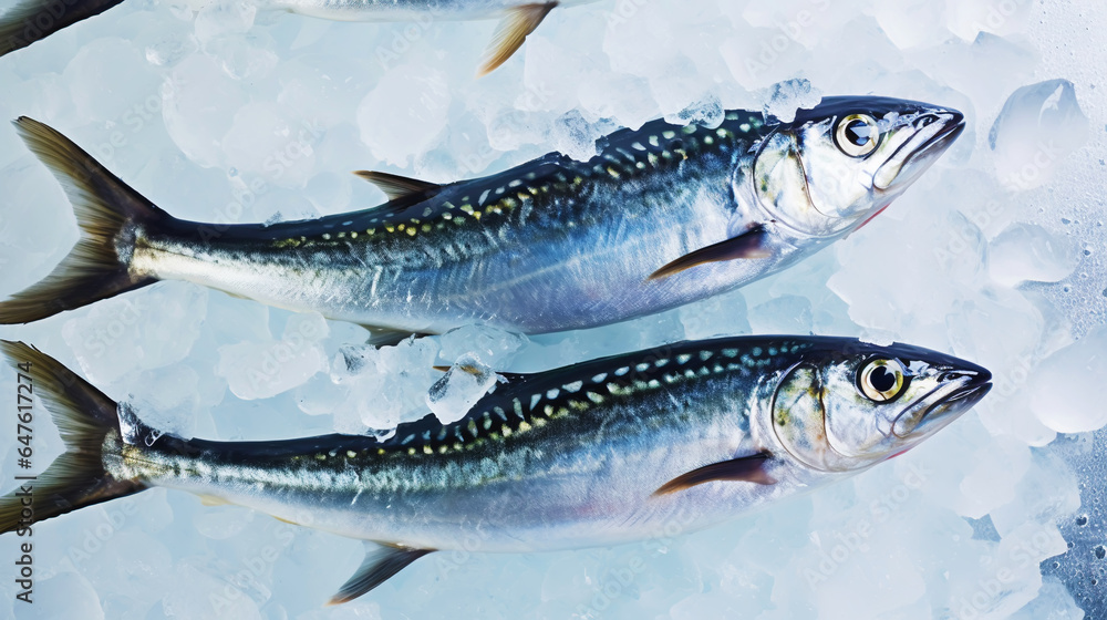 Fresh mackerel fish (Scomber scrombrus) on ice. Seafood background. Generative AI