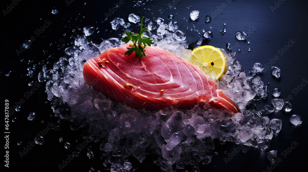 Slices of tuna fish on the ice cubes. Fresh fish fillet. Seafood background. Generative AI