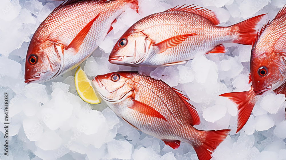 Red snapper fish catch in ice cubes. Seafood background. Generative AI