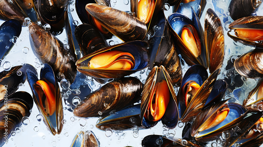 Raw Mussels on ice in the restaurant . Fresh seafood shellfish background. Generative AI