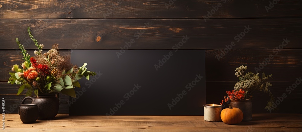 Black paper on wooden table portrayed in a mockup