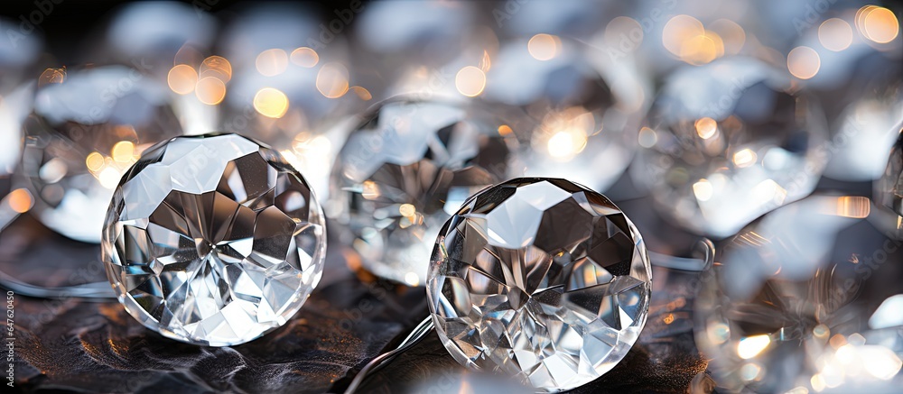 Close up of shiny round crystal chandeliers Luxurious lustrous texture Background of faceted glass b