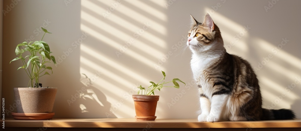 A kitten sitting on a shelf looking up with a blurred background