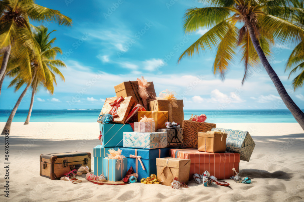 Christmas presents, gifts on tropical beach under palm tree