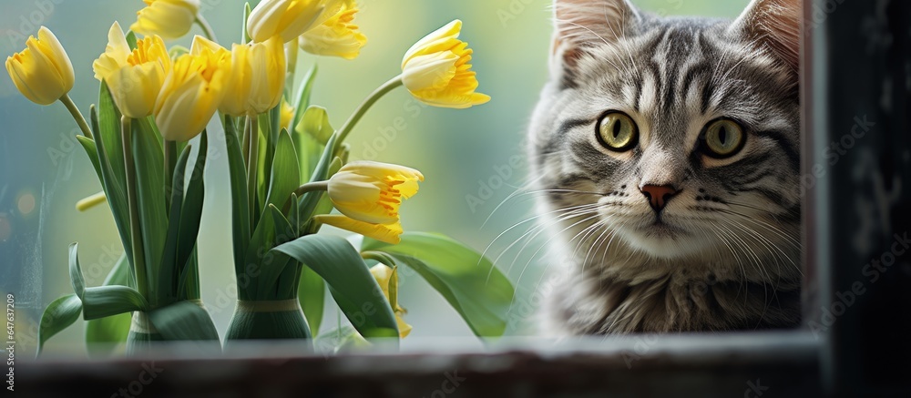 Cat with green eyes holding flowers on windowsill