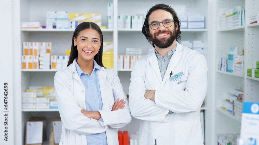 Crossed arms, pharmacy and portrait of people with smile for medical care, service and healthcare. P