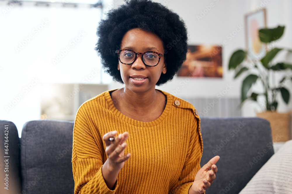 Black woman, therapist and talking with advice on sofa in psychology, office and holistic discussion