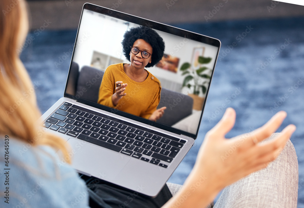 Woman, video call and psychologist on laptop screen of support, advice or helping with mental health