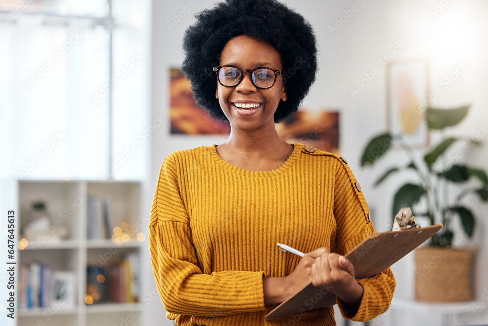 Portrait, therapist and happy black woman with checklist for counselling in office. Face smile, psyc