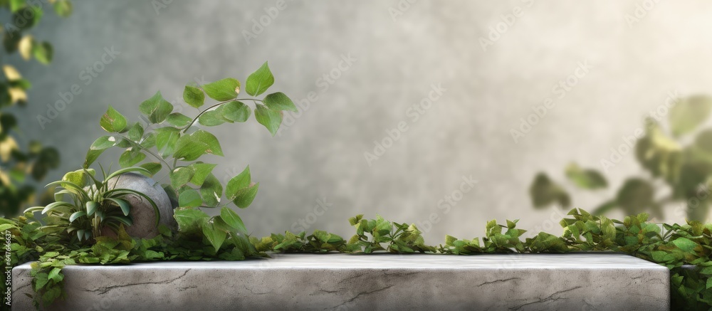 Backyard stone platform with green vines creating a natural backdrop illustration rendering used for