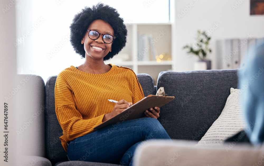 Black woman therapist on sofa with notes, smile and patient for advice and psychology, listening and